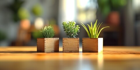 three small wooden boxes with two plants in the middle