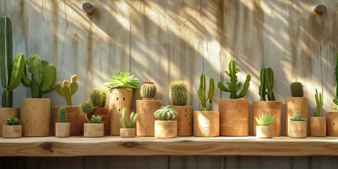 Zelfklevend Fotobehang wooden wooden pots with cactuses hanging on wooden ledge © ArtCookStudio