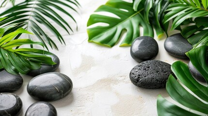 Obraz na płótnie Canvas massage leaves and black stones on a white background