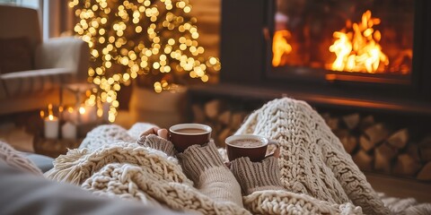 Fireplace Coziness - Settle into a cozy indoor scene with a couple by the fireplace, wrapped in blankets, and sipping hot cocoa. The warm and intimate atmosphere creates a heartwarming image perfect