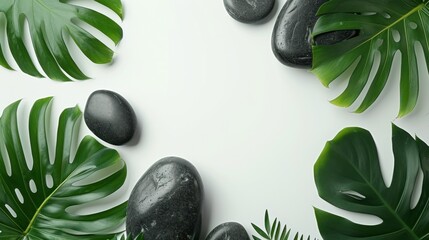 massage leaves and black stones on a white background