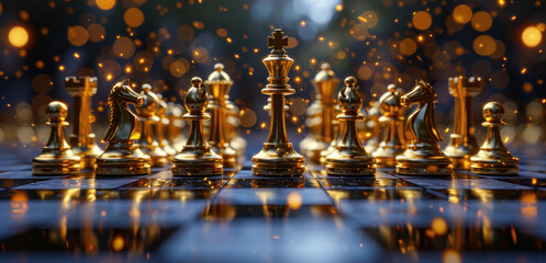 golden chess pieces on a black tiled - obrazy, fototapety, plakaty