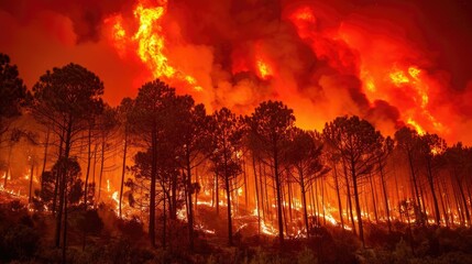 Image depicting a menacing forest fire engulfing a dense woodland, with towering flames and billowing columns of smoke
