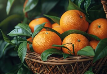fresh oranges in wicker basket with leaves