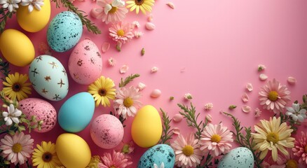 Fototapeta na wymiar easter eggs arranged around a pink background
