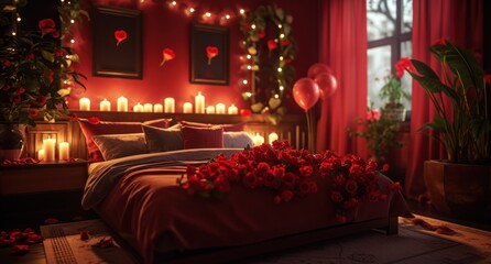 Fototapeta na wymiar romantic romantic bedroom with roses in it, candles, and balloons