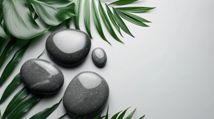 Obraz na płótnie Canvas relax with stones on white background with tropical leaf
