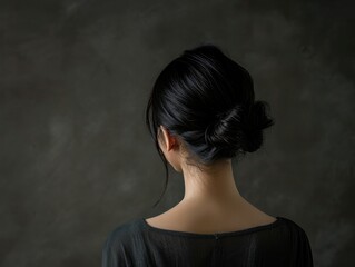 Close-up of an elegant woman with lustrous black hair from behind against a dark background