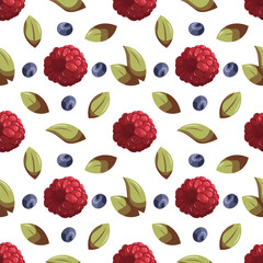 Vector seamless pattern with raspberry, blueberry and leaves.