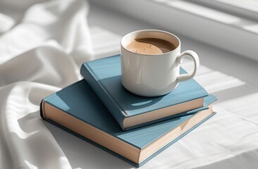 two blue book on a cup of coffee on a white desktop