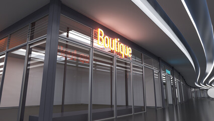 Boutique glass storefront and decorative ceiling lighting of the shopping center hall. 3d illustration