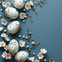 Fototapeta na wymiar easter eggs with flowers and branches on dark blue background,