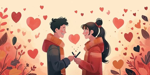 Digital Love Messages - Illustrate a couple exchanging sweet messages on digital devices, whether through texting or video calls. Reflect the modern ways in which people express their love