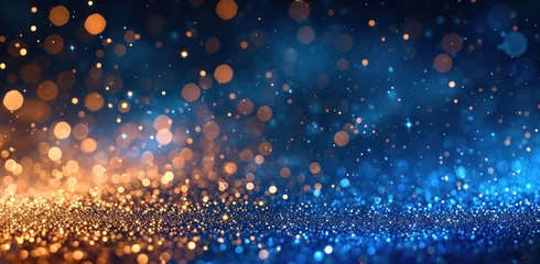 Foto op Plexiglas golden and blue light reflected and glittering confetti blue lights blue background background © ArtCookStudio