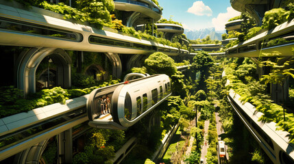 Green transportation concept with a modern train on a railway track. Eco-friendly travel, urban development, and future technology.