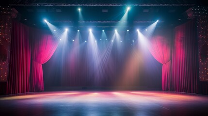 Theater stage light background with spotlight illuminated the stage for opera performance. Stage lighting. Empty stage with bright colors backdrop decoration 