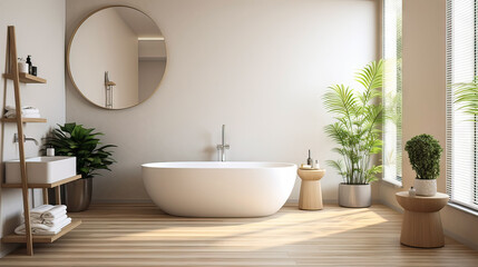 Interior of modern bathroom with white bathtub