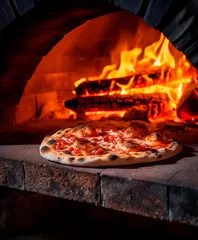 Foto op Plexiglas Italian pizza, brick oven with open fire, background with copy space © xamtiw