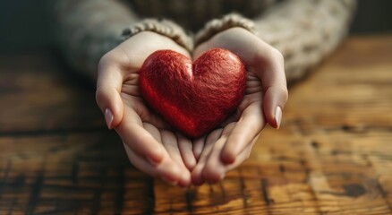 a woman's hands are holding a red heart on a wooden table