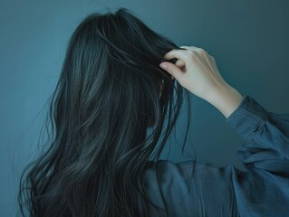 Obraz premium Minimalist image of a woman with long black hair from behind, sharp focus on her fingertips