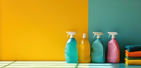 house cleaning supplies by a yellow wall - obrazy, fototapety, plakaty