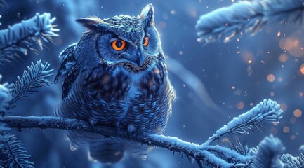 the owl is perched on a branch of pine trees - Powered by Adobe