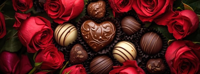 some chocolates in a heart shape sit on top of red roses