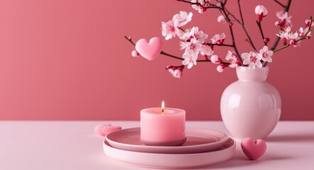 pink candle and plate on pink background, heart shaped plates in vase