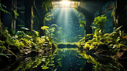 Underwater cave with sunlight filtering through, creating a mesmerizing aquatic environment. A stunning scene for diving and exploration - obrazy, fototapety, plakaty
