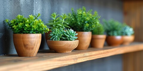the small wooden plants are on a wooden shelf