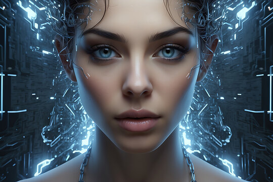 Futuristic robotic woman. Beauty portrait of cyborg girl