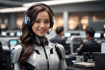 Chat bot concept woman humanoid robot with headset work in call center