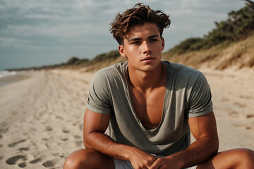 Portrait of Sexy very attractive tanned young man sitting on the beach - obrazy, fototapety, plakaty