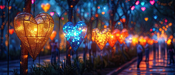 Obraz na płótnie Canvas Festival of Lights Love Lanterns - Illustrate a festive scene with colorful lanterns shaped like hearts, lighting up a nighttime celebration. This lively atmosphere conveys the excitement