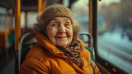 A happy senior woman on a bus, enjoying the vibrant city outside the sharp-focused window. Smiling, reading, and engaging in positive conversations with cheerful passengers
