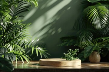 Wooden podium for product presentation with green leaves on the background