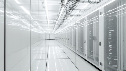 Organized, efficient server room with white walls, bright fluorescent lights, and high-tech equipment including servers, switches, and routers