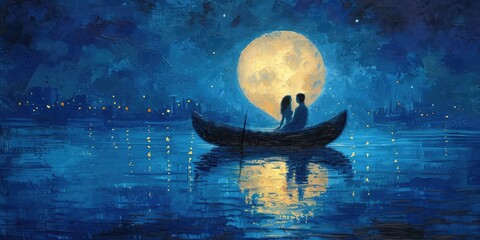 Moonlit Love Boat Ride - Illustrate a romantic boat ride under the moonlight with the boat shaped like a heart. The reflection of the moon on the water adds a touch of magic to this idyllic