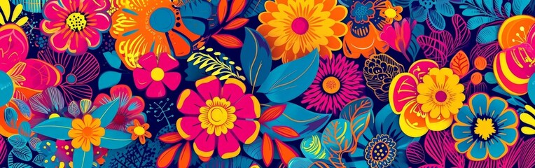 Fototapeta na wymiar Colorful Flowers Painting on Blue Background
