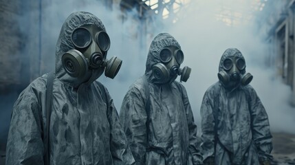 Fototapeta na wymiar Group of individuals in gas masks and uniforms standing in an old industrial zone. A hazardous, post-apocalyptic setting with signs of decay and polluted air