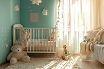 A tranquil baby room with a white crib, soft knitted blankets, and a soothing natural light creating a serene atmosphere..