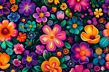 Fototapeta na wymiar Colorful Flowers Painting on Black Background
