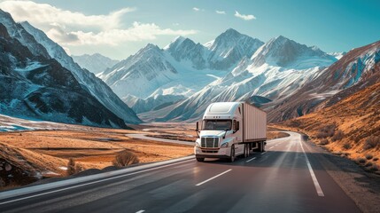 White box truck on busy highway under vibrant blue skies, sharp focus, hyper-realistic. Sense of speed, moving towards viewer
