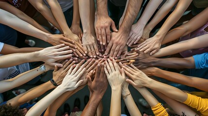 People putting hands together. Unity concept symbolizes unity and teamwork - obrazy, fototapety, plakaty