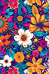 Fototapeta na wymiar Colorful Flower Pattern on Blue Background