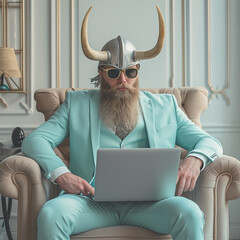 Viking as a businessman in a suit of pastel colors, office, laptop, juxtaposition