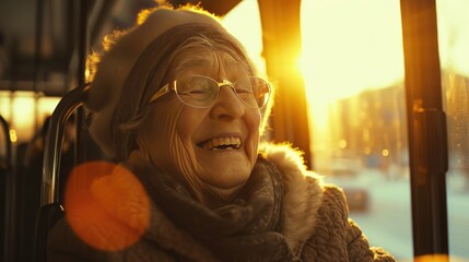 Diverse senior woman smiling on a bus ride, surrounded by joyful passengers of all ages and ethnicities - obrazy, fototapety, plakaty