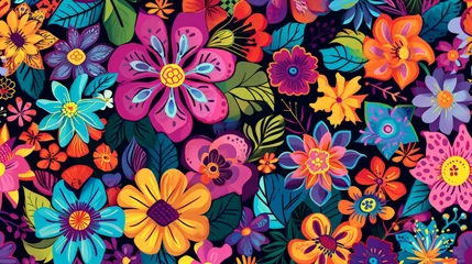 Fotobehang Vibrant Flower Pattern on Black Background © BrandwayArt