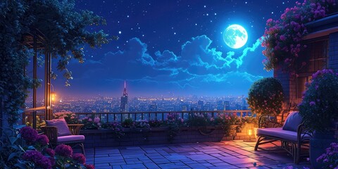 Romantic Moonlit Rooftop Garden - Design an illustration of a rooftop garden bathed in moonlight, featuring blooming flowers, cozy seating, and soft illumination - obrazy, fototapety, plakaty