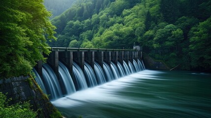 The steady flow of water from a hydroelectric dam blends with the tranquil beauty of forested mountains, symbolizing sustainable energy practices.